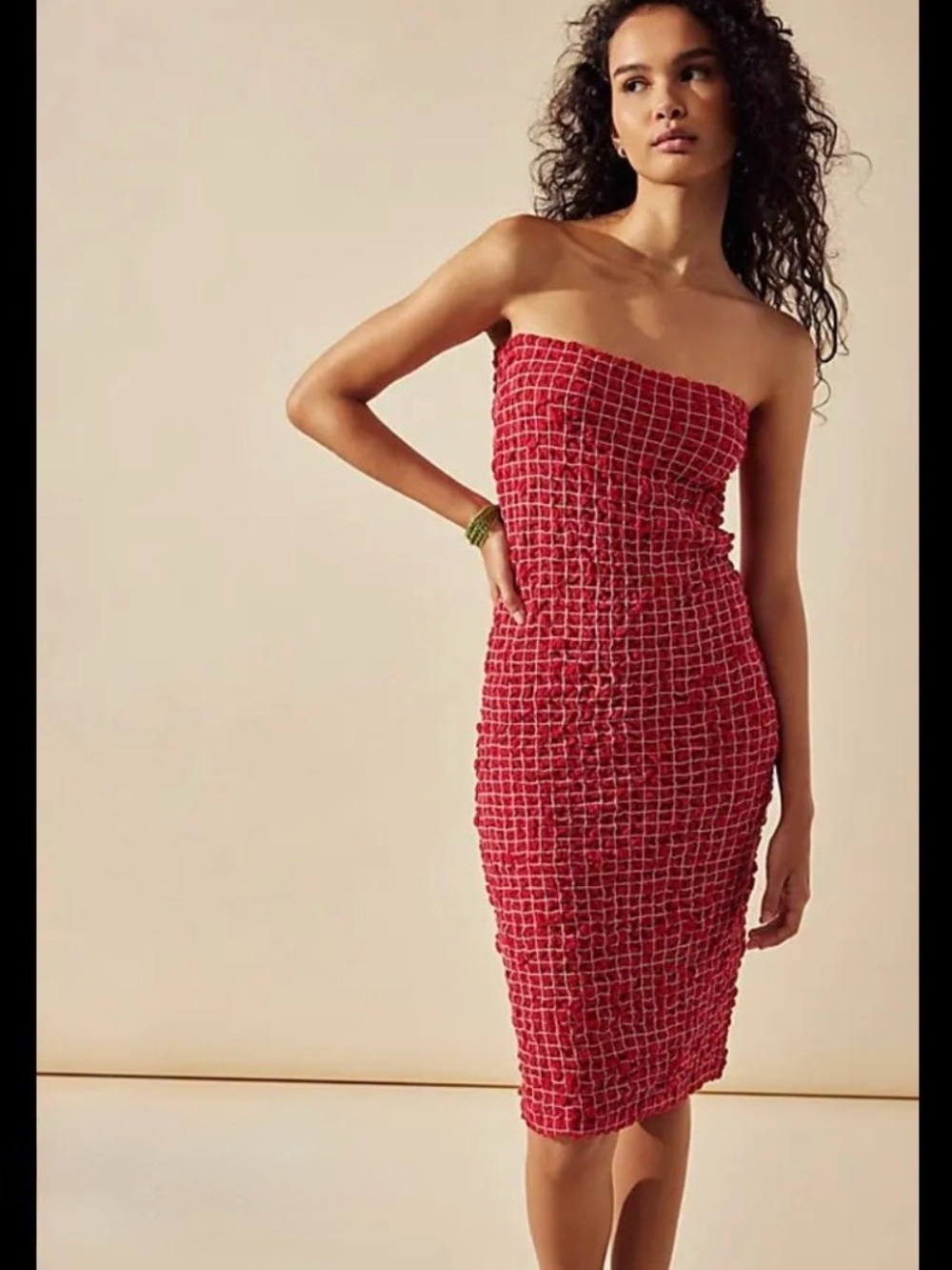 Free People Smocked Convertible MIDI Red White Red Grid Textured Skirt Dress S/M